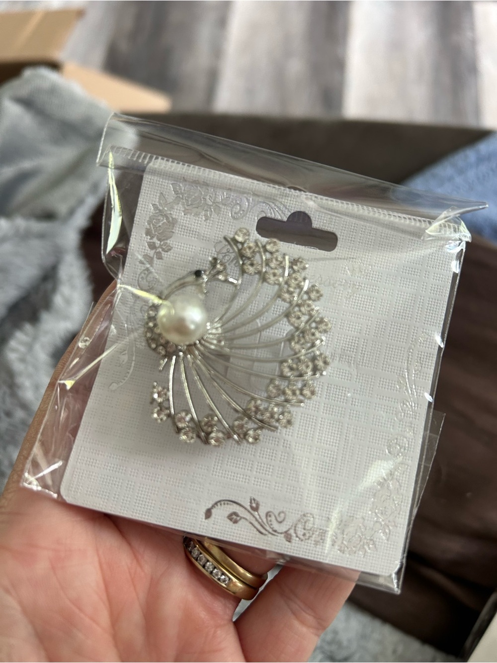 4/$50 peacock Elegant Silver Pearl and Crystal Brooch